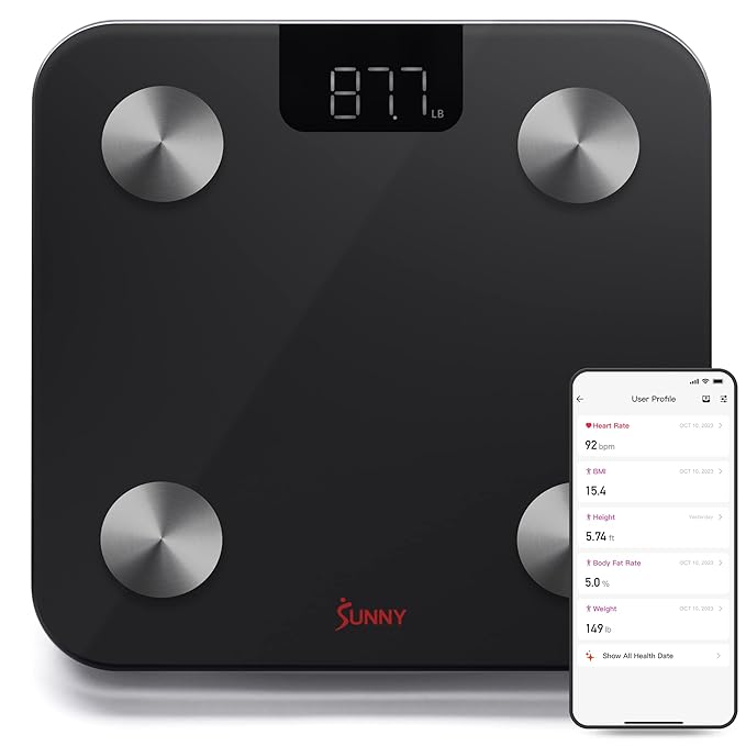 Sunny Health &amp Fitness 20 Metric Advanced Body Fat Composition BMI Scale with Health Tracker &amp Analyzer App - Smart Bathroom Scale for Body Weight Metabolic Age BMR Fat Mass and More – SF-W
