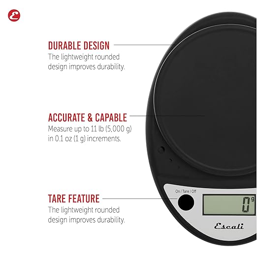 Escali Primo Digital Food Scale Multi-Functional Kitchen Scale and Baking Scale for Precise Weight Measuring and Portion Control 8.5 x 6 x 1.5 inches Black
