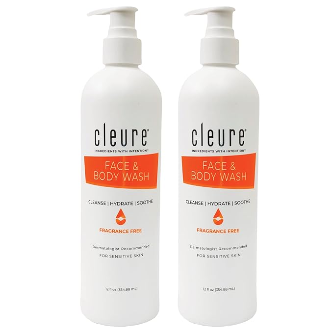 Cleure Face and Body Cleanser - Hypoallergenic Fragrance-Free Body Wash for Sensitive Skin &amp Eczema - Paraben &amp Sulfate Free PH Balanced Body Soap (12 oz Pack of 2)