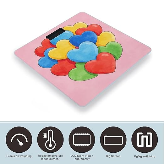 Colorful Heart Lovely Cute Pink Weight ScaleClear LED Display Bathroom Digital Weighing ScaleTempered Glass Digital Bathroom Scale for Body Weight Capacity Up to 400 Lbs