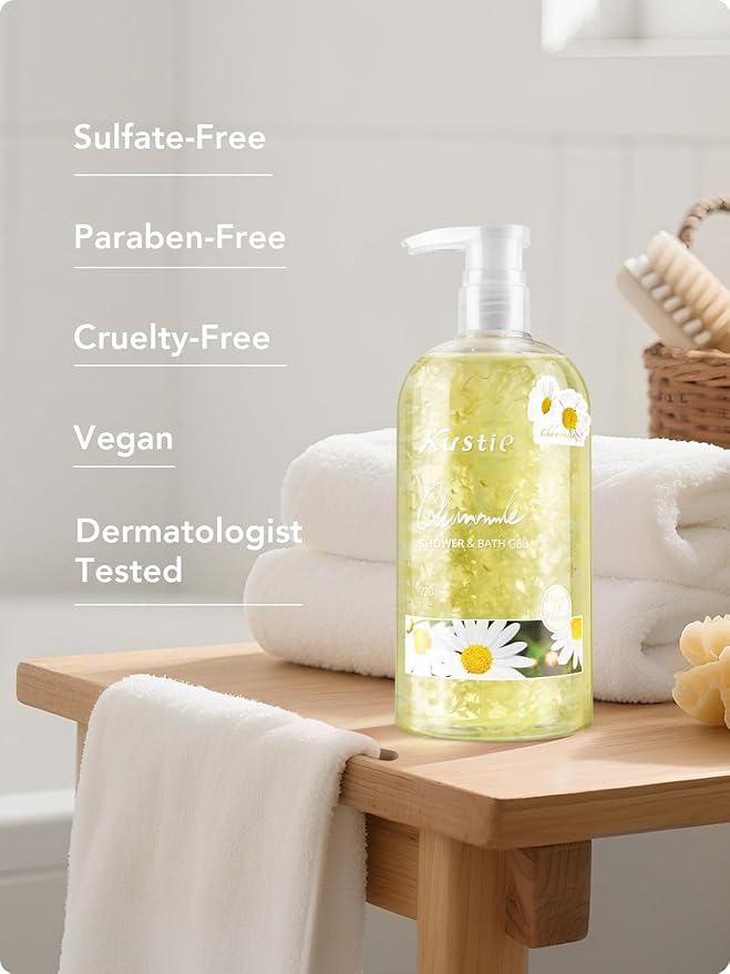 Kustie Chamomile Body Wash with Real Flower Petal – Hydrating Shower Gel with Calendula &amp Amino Acids Gentle Moisturizing Cleanser for Sensitive Skin Vegan &amp Sulfate-Free 24.3 fl oz