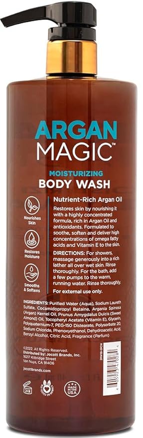 Argan Magic Cleansing Body Wash - Gently Cleanses Revitalizes &amp Smooths Skin | Enriched with Argan Oil Sweet Almond Oil &amp Vitamin E | Paraben Free (32 oz / 946 ml)