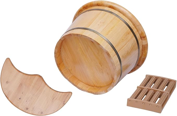 Wooden Foot Bath with Massage Roller Pedicure Tub for Home Use Foot Soak Bucket with Lid Manual/Hand-Powered Massage Therapy for Feet