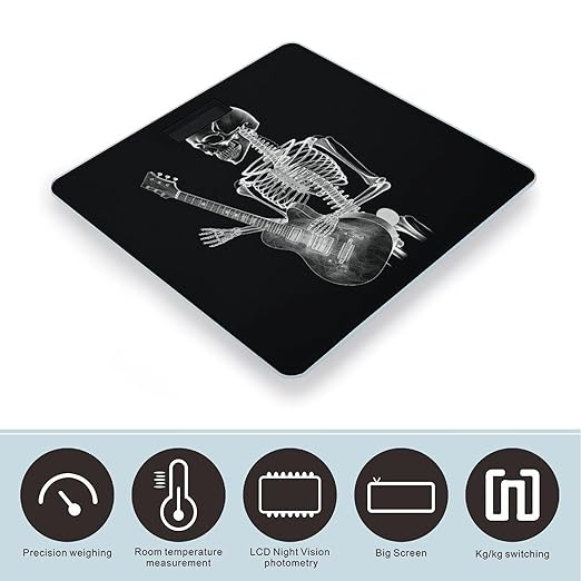 Abstract X-ray Skull Skeleton Playing Guitar Scale for Body Weight Safe Rounded Corners Tempered Glass Digital Bathroom Scale LED Display 400lb Capacity Weight Scales with High Precision Sensors