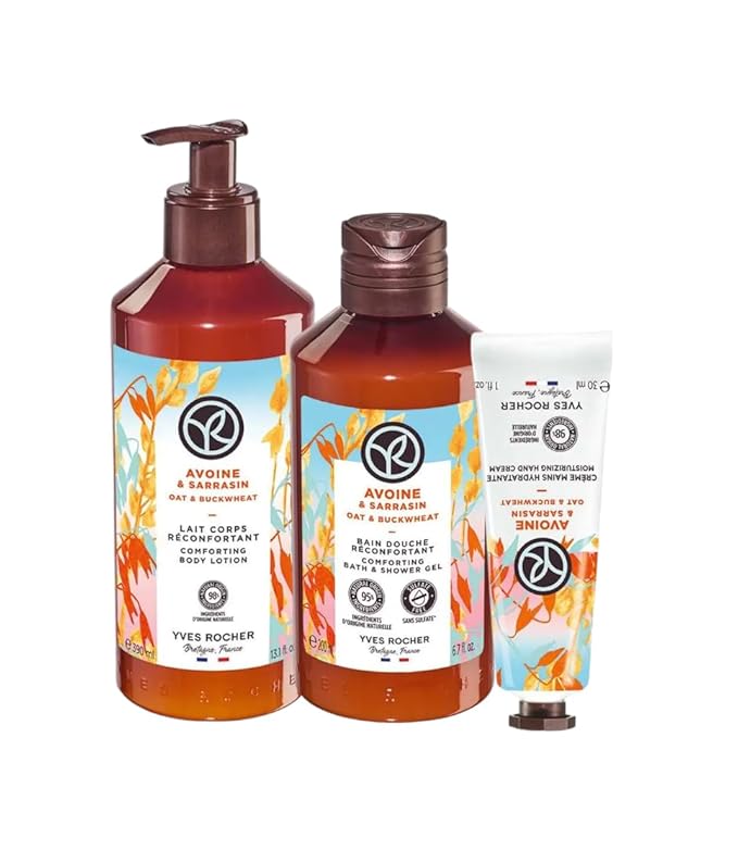 Yves Rocher Moisturising Oats &amp Buckwheat Shower Gel Body Nourishing Milk Perfumed Hand Cream Women Men Day Care 200 ml./6.7fl.oz. 390 ml./13.2 fl.oz. 30 ml./1 fl.oz. Set of 3 Best Gift Kit