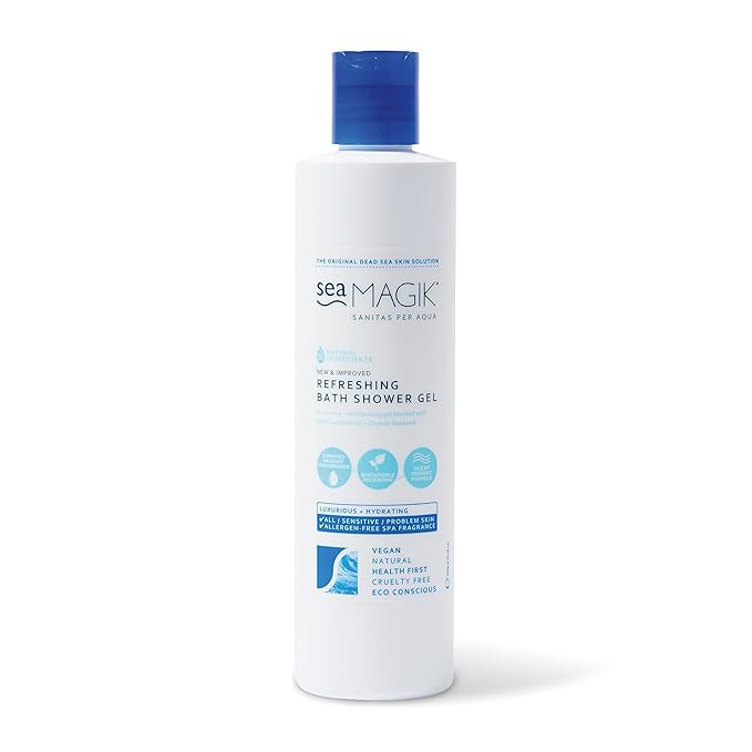 Sea Magik Refreshing Bath Shower Gel 10.14oz/ 300ml with Dead Sea Salt Organic Seaweed and Plant extracts /100% Vegan/Sustainable Packaging