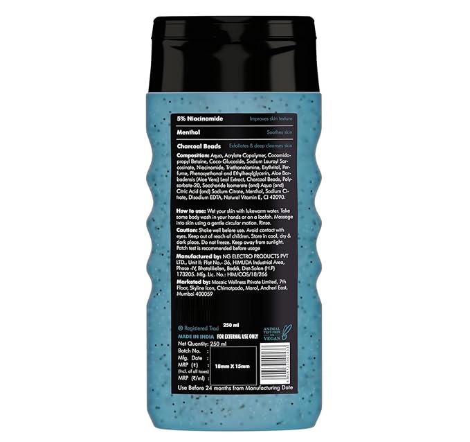 HK Charcoal &amp Menthol Body Wash | With Menthol 5% Niacinamide &amp Activated Charcoal Beads | For Instant Cooling Odor Protection &amp Improves Skin texture | 250ml