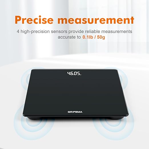 GRIFEMA GA2001-28 Digital Bathroom Scale with Large LED Display 5 mm Tempered Glass Platform 180 kg / 400 lb 28 x28 cm Slim Design Black