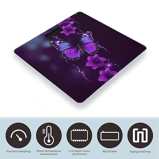 Purple Butterfly Bathroom Scale for Body Weight 400 Lb Weight Scale with High Precision Sensors Tempered Glass Highly Accurate Digital Weighing Machine for People