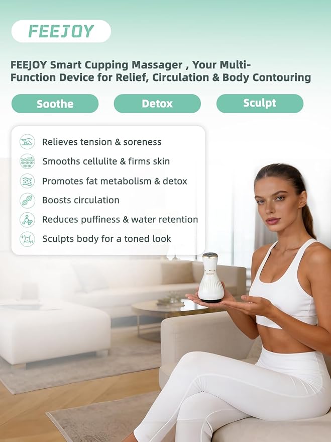 Electric Lymphatic Drainage Massager with Pulse Therapy &amp Heat – 12-Level Cupping Massage Device for Cellulite Reduction Body Sculpting Deep Tissue Pain Relief &amp Muscle Recovery White
