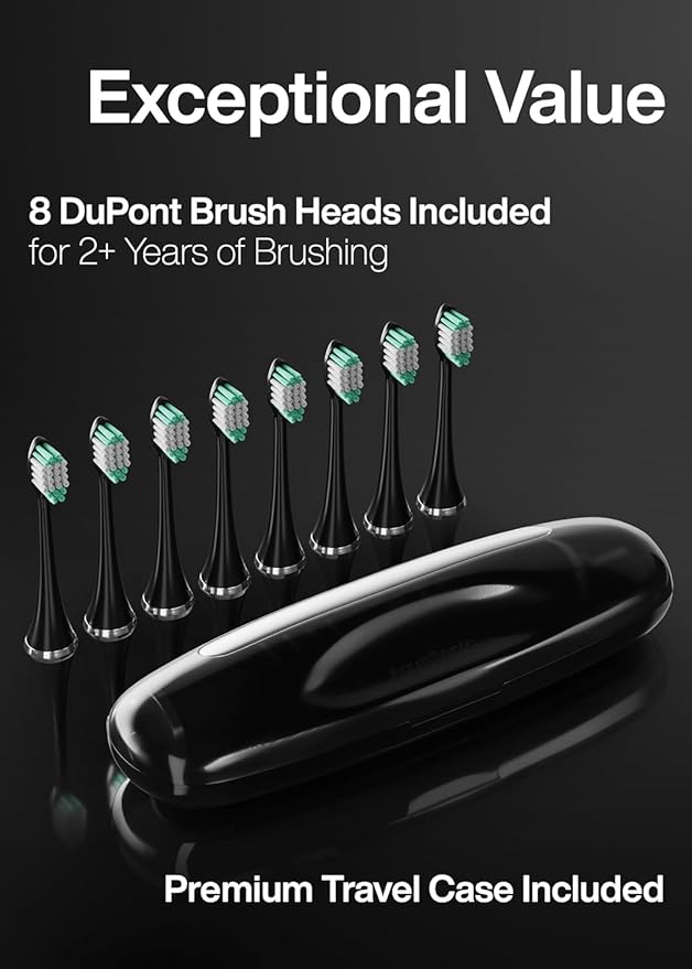 Aquasonic Black Series Ultra Whitening Toothbrush – ADA Accepted Electric Toothbrush- 8 Brush Heads &amp Travel Case – 40000 VPM Electric Motor &amp Wireless Charging - 4 Modes w Smart Timer