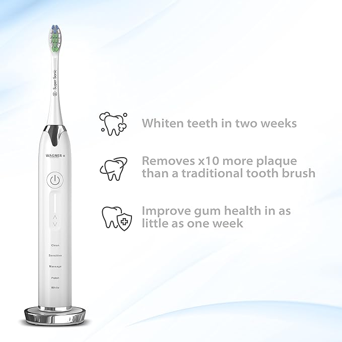 Wagner Stern Ultrasonic whitening Toothbrush with Pressure Sensor. 5 Brushing Modes and 4 Levels of Intensity 8 Soft bristles Travel case.