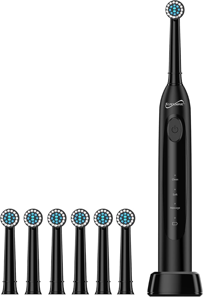 Supersonic TB-1000 Sonic Zoom+ Advanced Rotating Electric Toothbrush | 8800 OPM | Wireless Charging | 3 Cleaning Modes | 6 Brush Heads | Auto Timer | Travel Case | Black