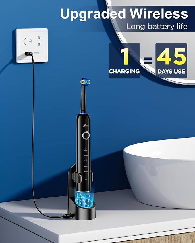 Rtauys Rotating Electric Toothbrush for Adults with 8 Brush Heads (2 Types) 5 Modes Rechargeable Power Toothbrush with Travel Case and 2 Minute Smrte Timer