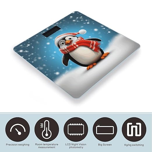 Christmas Funny Penguin Scale for Body Weight Safe Rounded Corners Tempered Glass Digital Bathroom Scale LED Display 400lb Capacity Weight Scales with High Precision Sensors