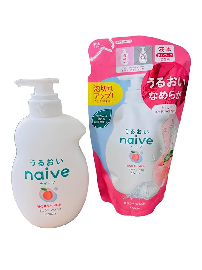 Naive Peach Body Wash Set (530ml + 360ml Refill) – Gentle Moisturizing Cleanser