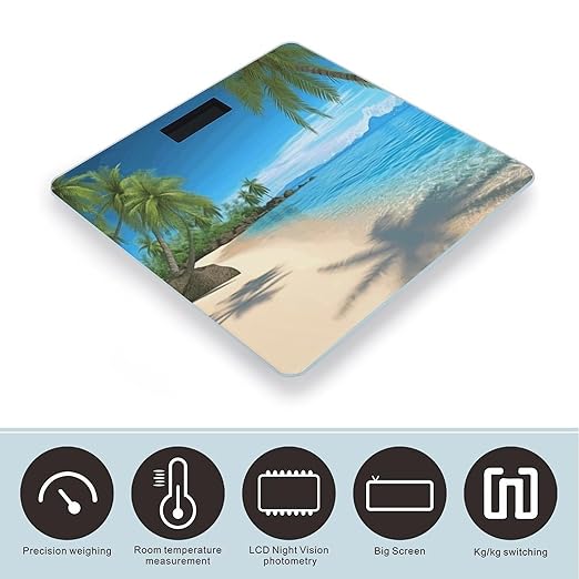 Hawaiian Beach with Palm Trees Weight Scale Large Bathroom Scales Digital Weight with Bright LED Display Non Slip Automatic Weighing Scale Fashion Weighing Machine for Body