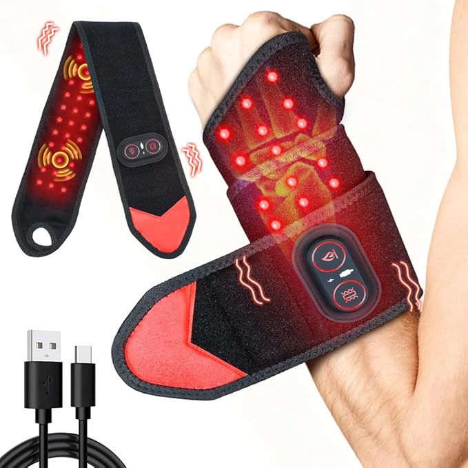 Red Light Therapy for Wrist Hands Wrap Cordless Infrared Heating Pad with Vibration for Body Arm Knee Foot Wearable Heated Wrist Massager Brace 660nm/850nm (Black)