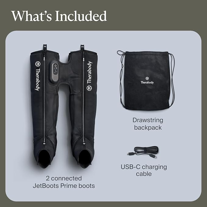 Therabody JetBoots Prime - Ultra-Portable Wireless Compression Boots for Easy Leg Muscle Recovery - Calf Leg &amp Thigh Compression Sleeve with Customizable Treatments (Regular)