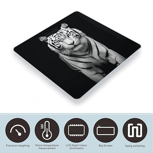 Black and White Tiger1 Scale for Body Weight Safe Rounded Corners Tempered Glass Digital Bathroom Scale LED Display 400lb Capacity Weight Scales with High Precision Sensors