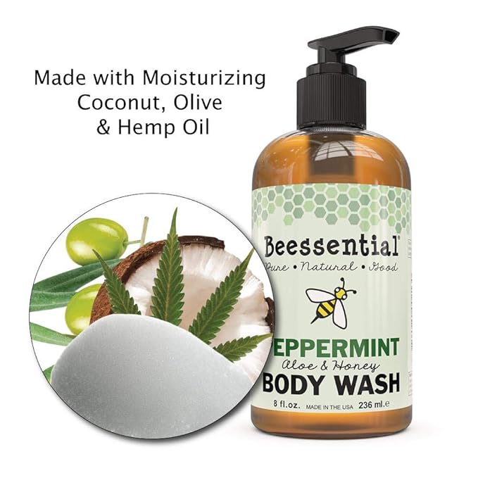 Beessential Natural Body Wash Peppermint | Sulfate-Free Bath and Shower Gel with Essential Oils for Men &amp Women 8 oz
