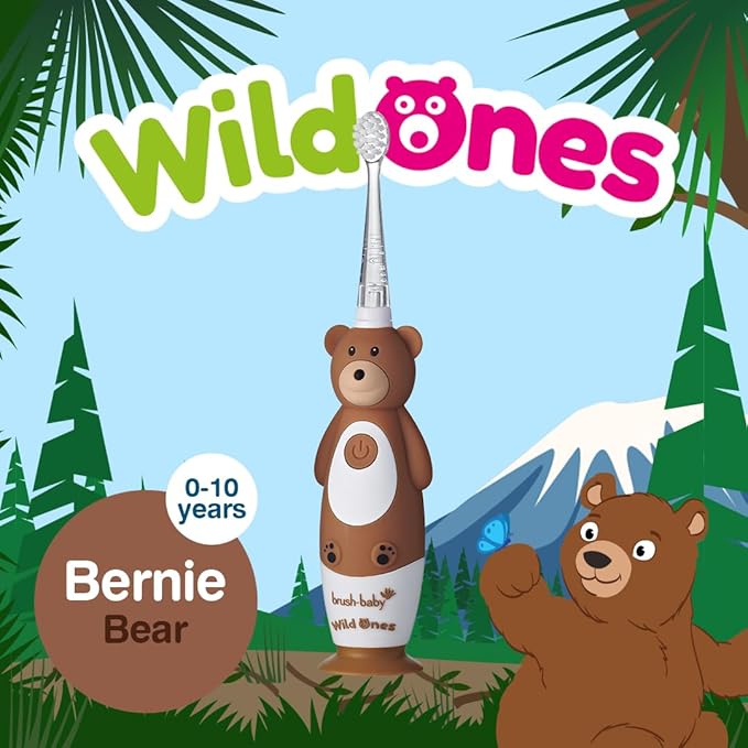 BrushBaby - WildOnes - Kids Rechargeable Electric Toothbrush Ages 0-10 - Bear Design with Flashing Lights - DeepClean Bristles for Superior Cleaning - 2 Replacement Brush Heads 1 USB Cable