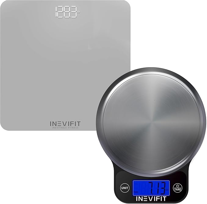 INEVIFIT Bathroom Scale &amp Digital Kitchen Scale Fitness Bundle Complete Body Composition and Nutrition Tracking Solution with Batteries Included