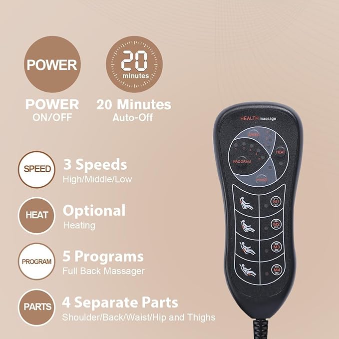 SLOTHMORE Back Massage Chair Pad Back Massager with Heat for Pain Relief Chair Massager for Full Body Massage Deep Tissue Vibration Massger with 2 Adapters Chair Massager for Office and Recliner