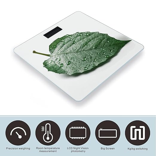 There is Water on The Leaves Scale for Body Weight Anti-Slip Tempered Glass Digital Bathroom Scales Clear LCD Display Weighing Scale Safe Rounded Corners Smart Scales