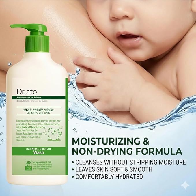 Dr.ato Essential Moisture Wash for Sensitive Skin &amp Baby Gentle Hydrating Body Cleanser Hypoallergenic pH-Balanced Family &amp Baby Safe – 500ml / 16.9 fl. oz