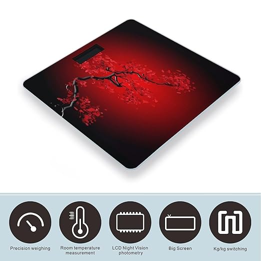 Red Cherry Blossom Scale for Body Weight Anti-Slip Tempered Glass Digital Bathroom Scales Clear LCD Display Weighing Scale Safe Rounded Corners Smart Scales