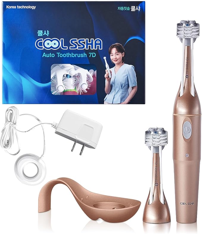 Korean Dual-Action Toothbrush Set - Premium Soft Bristle 3 Head Gold Handle for Deep Cleaning Teeth &amp Gums