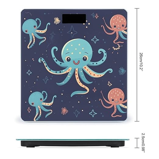 Cartoon Octopus Scale for Body Weight Safe Rounded Corners Tempered Glass Digital Bathroom Scale LED Display 400lb Capacity Weight Scales with High Precision Sensors
