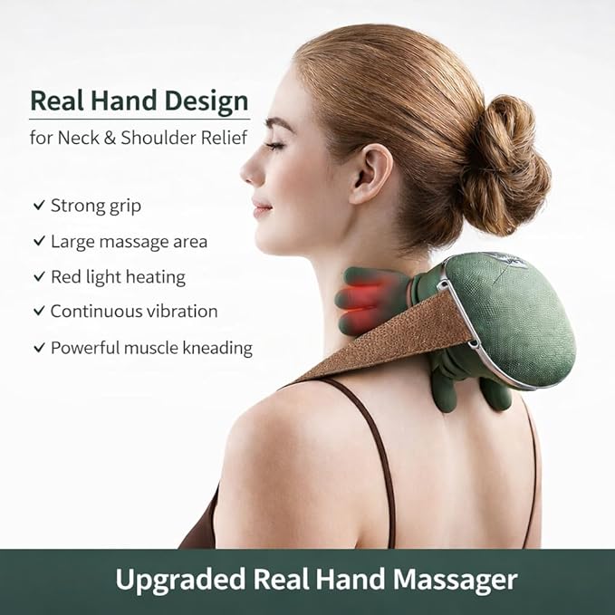 Heated Neck and Shoulder Massager with Finger-Like Kneading Nodes Deep Tissue Massage for Shoulder &amp Back Muscle Tension Green