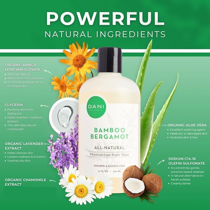 DANI Naturals Moisturizing Body Wash - Refreshing Bamboo Bergamot Scent with Organic Aloe Vera &amp Natural Glycerin - Paraben &amp Sulfate-Free Shower Gel - For Men &amp Women - 12 oz - Vegan &amp