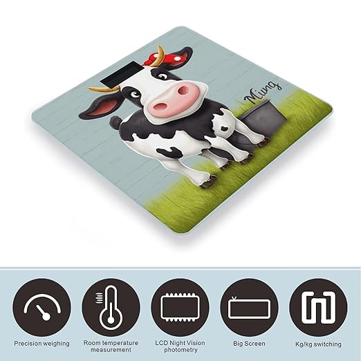 Cute Cow Bathroom Scale Automatic Power On/Off Body Scales LCD Backlight Display Square Digital Scale Rounded Corners Bathroom Scales for Home Bedrooms