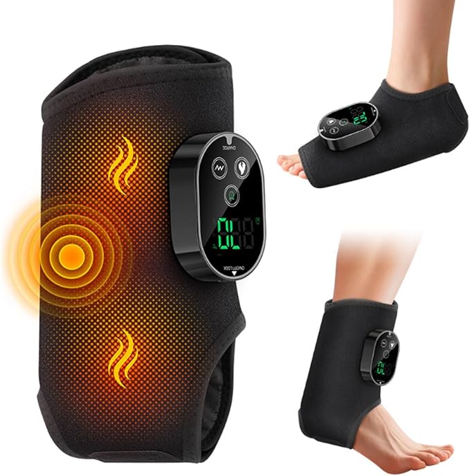 Ankle Massager3-in-1 Wearable Hot &amp Vibration Massager for Feet Ankles and Arms | Reusable Heating Pad Brace for Home Recovery (Black)