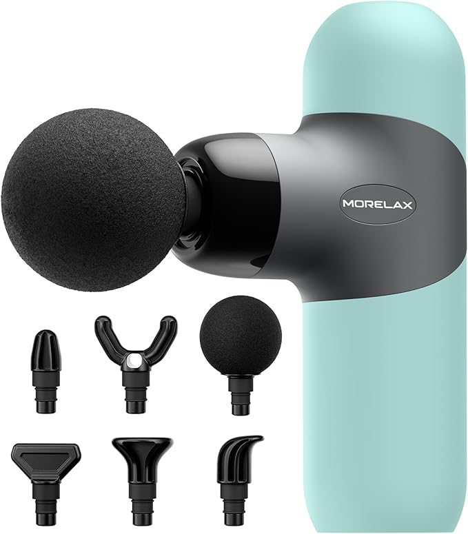 Morelax Mini Massage Gun Portable Deep Tissue Muscle Percussion Massager Electric Handheld Sport Massager with 6 Massage Heads 4 Speed Best Gift (Blue)