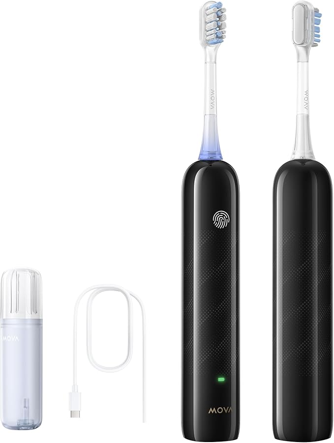 Mova Fresh SweepDrive Electric Toothbrush Rechargeable Electric Power Toothbrush for Adults Intuitive Pressure Sensing 3-in-1 Replacement Brush Head with Holder 30 Days of Battery Life Black