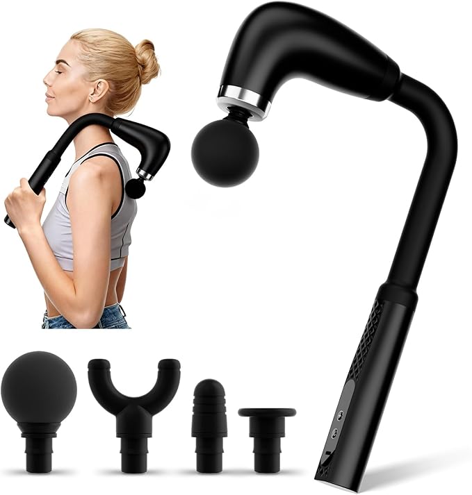 Massage Gun with Upgraded Extension HandleBack Massage Gun Deep TissueBack Massager for Pain Relief for Muscles Neck Shoulders Waist Arm Legs Foot4 Replaceable Heads &amp 9 Speeds (Black)