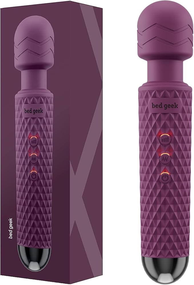 bed geek Cordless Personal Massage Wand – Waterproof &amp USB Rechargeable Skin-Soft Silicone 20 Vibration Patterns 8 Speed Settings Memory Function for Relaxation and Muscle Comfort