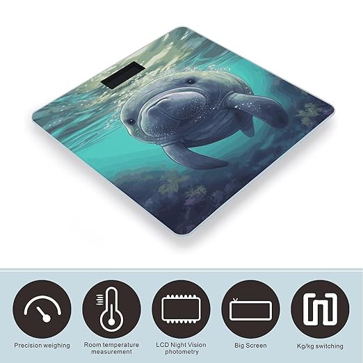 Cute Sea Animal Manatee Bathroom Scale for Body Weight Bathroom Digital Electronic Weighing Scale with Back Lit LED Display Sturdy Tempered Glass Weight Watchers Scales 400lb