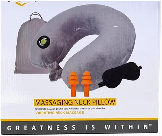 Vibrating Neck Massage Pillow with Ear Plugs Gray Portable Travel Design Includes Ear Protection for Relaxation and Pain Relief