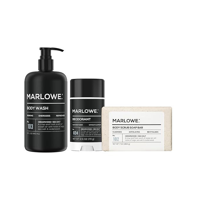 MARLOWE. Men’s Cedarwood + Sea Salt Body Care Bundle – No. 103 Body Wash 15 oz No. 024 Aluminum-Free Deodorant 2.5 oz &amp No. 102 Exfoliating Body Scrub Soap 7 oz Fresh &amp Zesty Scent