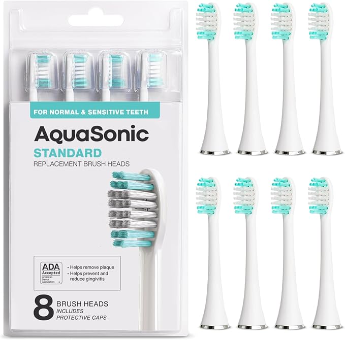 AquaSonic Genuine Standard Replacement Brush Heads | ADA Accepted | for Normal &amp Sensitive Teeth | Compatible with Many AquaSonic Toothbrush Handles (8 Pack White)