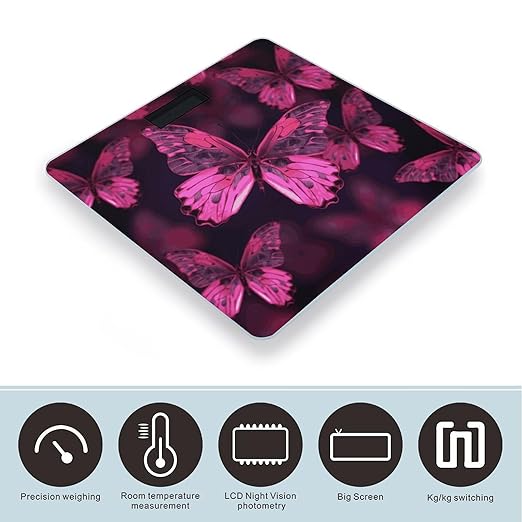 Pink Butterfly Scale for Body Weight Anti-Slip Digital Bathroom Scale Sturdy Toughened Glass Weighing Scales High Precision Safe Rounded Corners Smart Scales