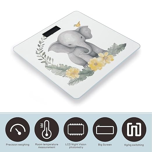 Cute Elephant with Wreath and Little Duck Weight Scale Digital Electronic Scales Bathroom Scale Larg LCD Backlight Display High Precision MeasurementsTempered Glass