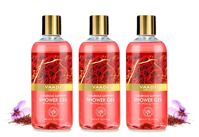 Vaadi Herbals Shower Gel - Sulfate-Free - Herbal Body Wash Both For Men And Women - 300 Ml (10.14 Fl Oz) - (Luxurious Saffron) (3 Bottles)