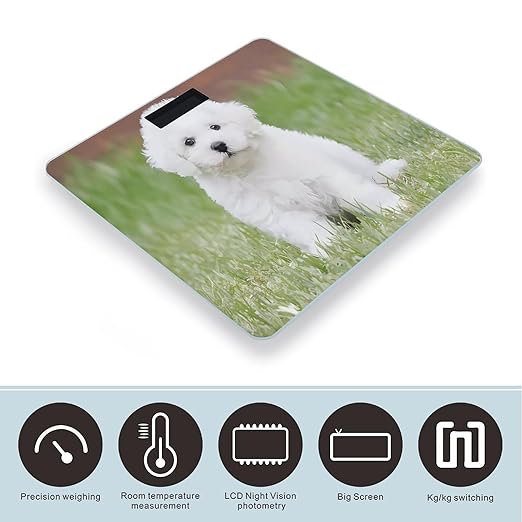 Bichon Frise Dog Scale for Body Weight Anti-Slip Tempered Glass Digital Bathroom Scales Clear LCD Display Weighing Scale Safe Rounded Corners Smart Scales