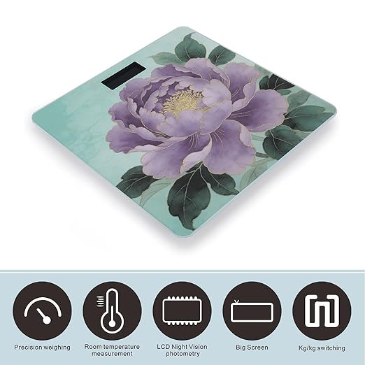 Green Peaks and Purple Flowers Smart Scale for Body Weight Digital Bathroom Scale Toughened Glass Weight Scale with Large LCD Backlight Display High Precision Scales Weighing Machine